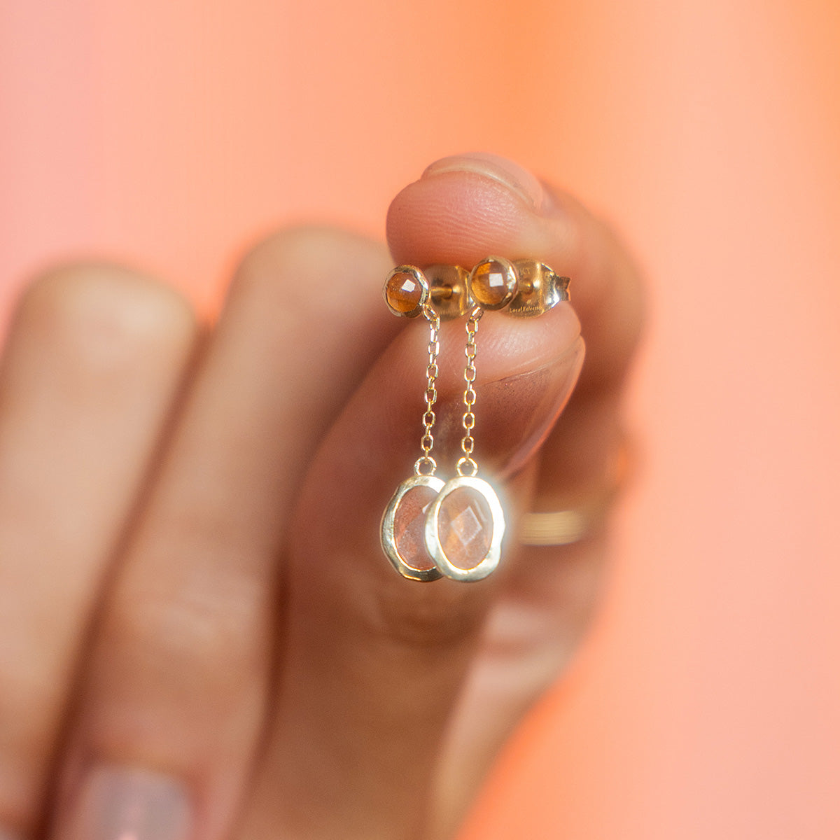 Solid Gold Orange Garnet and Sunstone Dusk Drop Earrings