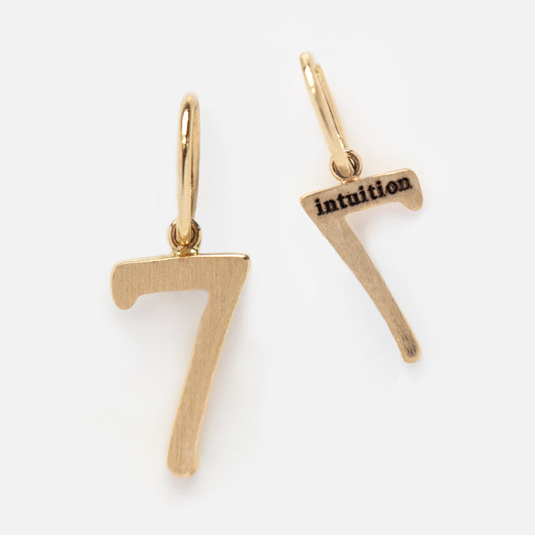 Solid Gold Number Charm shaped like 7—choose plain or engraved with intuition. Adds a personal touch to any necklace or bracelet; perfect as a meaningful piece of jewelry or numerology charm. Each features a small attachment loop.