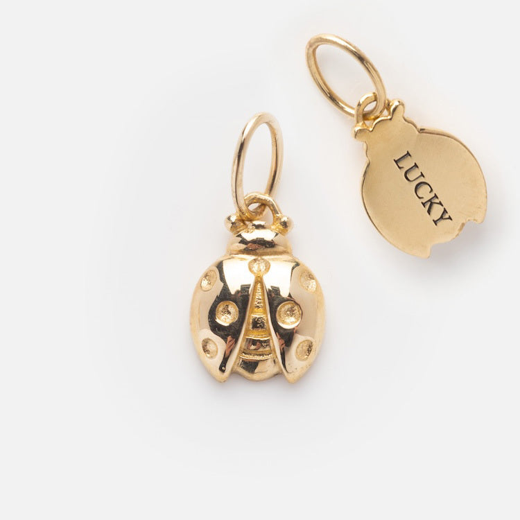 The Solid Gold Nature Charm features a gold ladybug with black spots and a matching LUCKY charm, both with loops for easy attachment to a bracelet or necklace. These spiritual jewelry pieces add elegance and positivity to any accessory.