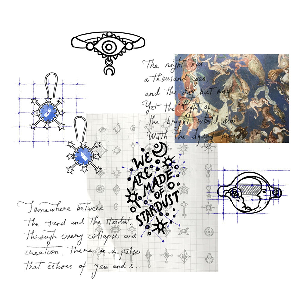 sketches and collage from the hunt of hounds designer of jewelry