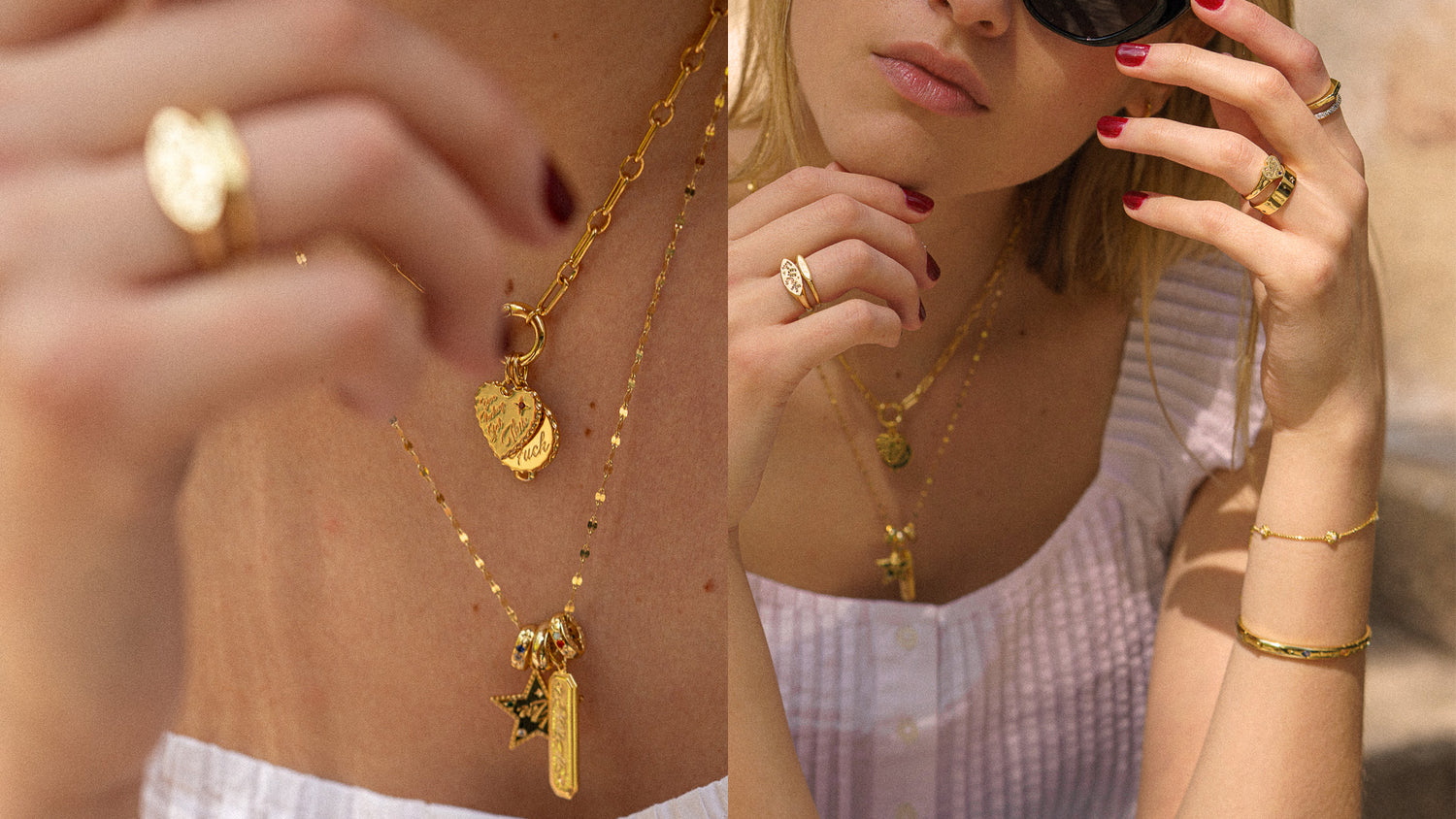 Close-up of gold jewelry including necklaces and rings on a person.