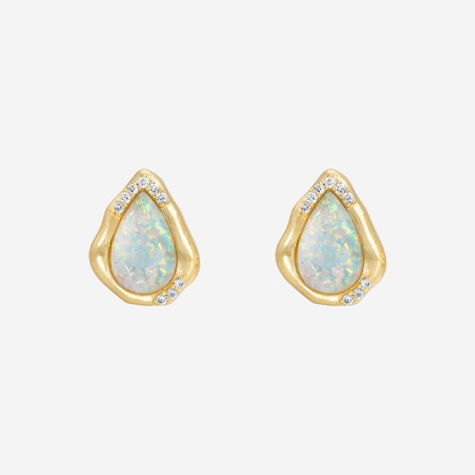Luster Studs: Teardrop-shaped opal earrings with 14k gold-plated settings and round diamond accents, shown on a plain white background.