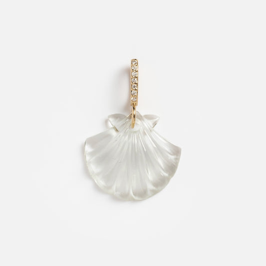 The 14k Green Amethyst and Diamond Scallop Shell Charm features a translucent carved green amethyst shell with a diamond-encrusted 14k gold loop, displayed against a white background.