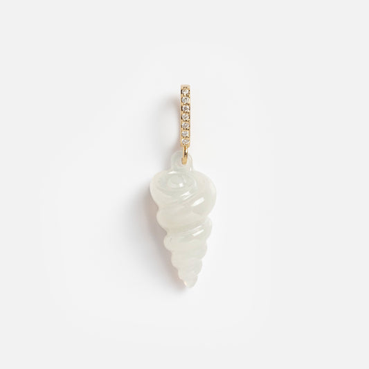 The 14k White Onyx and Diamond Spiral Shell Charm features a row of small clear gemstones above a white onyx, spiral-shaped shell, shown on a plain white background.