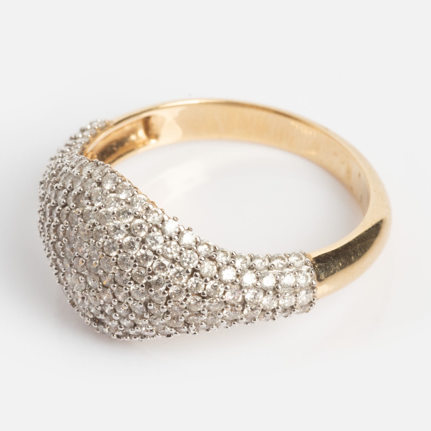 The 14k Solid Gold Pave Diamond Signet Ring (Sample Size 7) features a rounded top adorned with closely set sparkling diamonds, creating a textured shimmer. Shown against a plain white background.