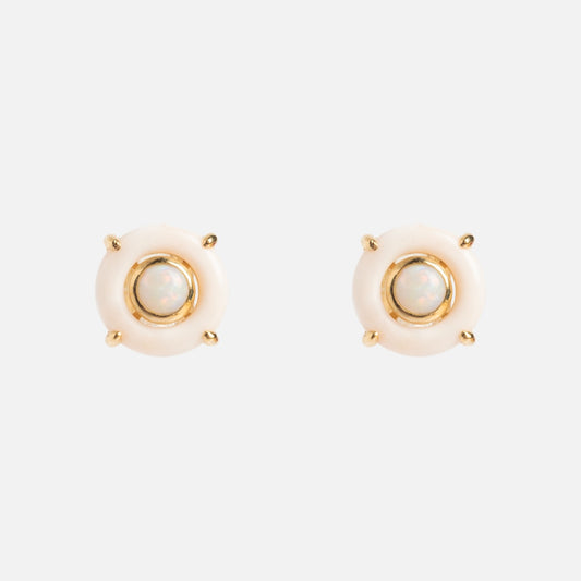 A pair of Solid Gold Modern Pink Opal Studs featuring central pink opals set in solid gold with a sleek circular design, shown against a plain white background.