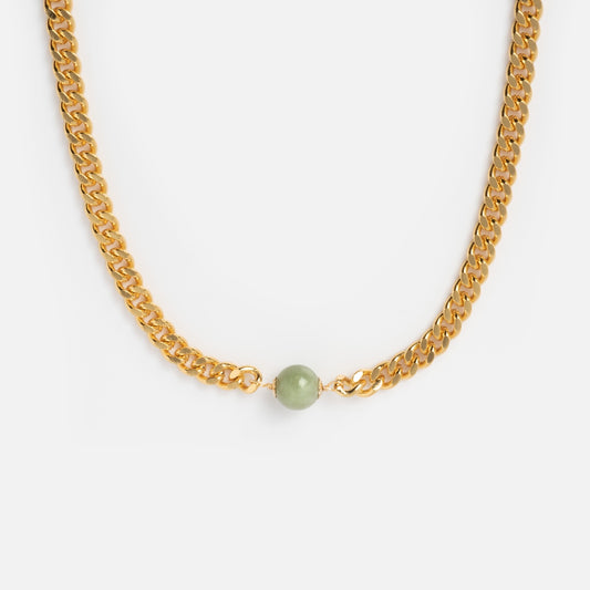 The Charlotte Necklace is a 14k gold plated curb chain with a single round green jade bead at the center, shown on a white background.