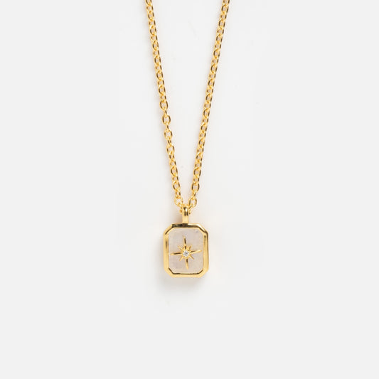 Rainbow Moonstone & Diamond Manifest Your Dreams Pendant Necklace featuring a rectangular pendant with a starburst design and central gemstone, shown on a white background.