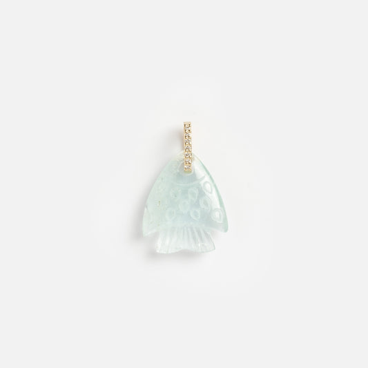 The 14k Aquamarine and Diamond Fish Charm features a translucent aquamarine fish with a subtle pattern and a 14k gold bail set with sparkling diamonds, shown against a plain white background.