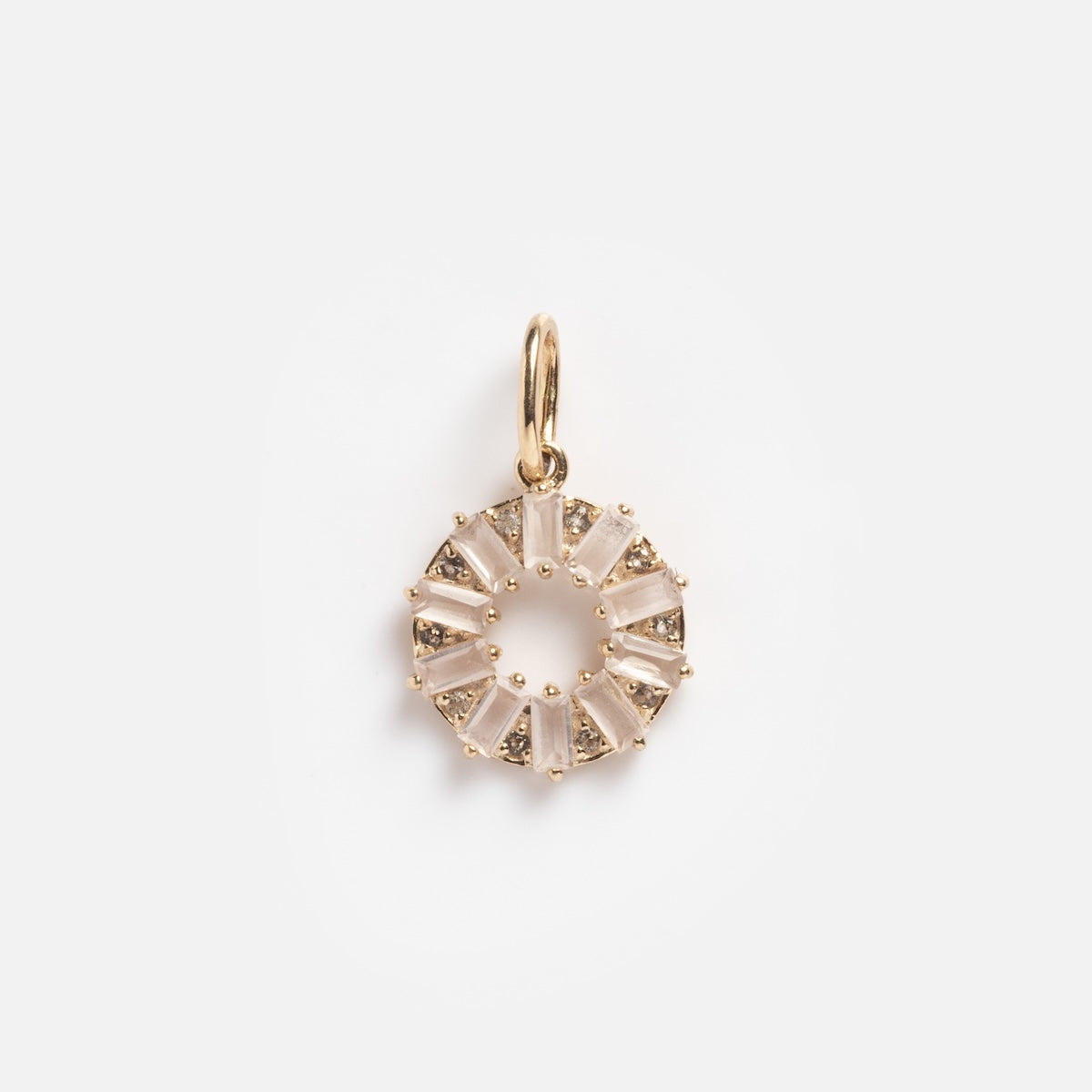 The Solid Gold Deco Yellow Topaz Open Coin Charm Sample features a gold circular pendant with geometric yellow topaz accents in a sunburst pattern and a top loop for easy attachment, shown on a plain white background.