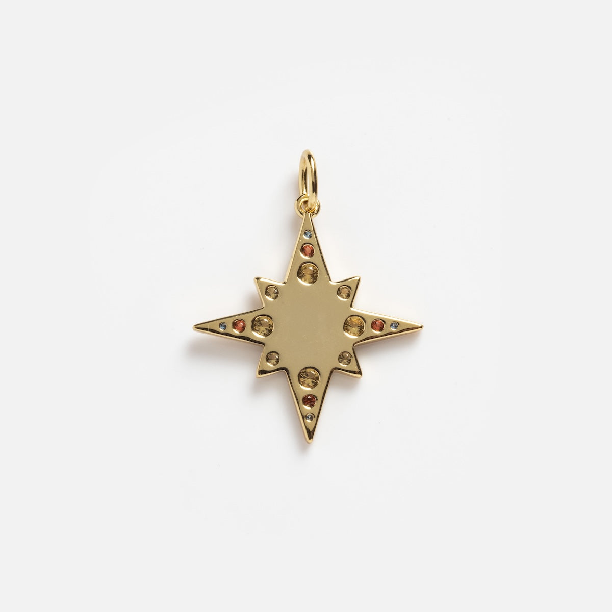 The Solid Gold Large Celestial Star Charm Sample is an eight-pointed gold star pendant with small round gemstones and a top loop for attaching to a necklace, shown on a plain white background.