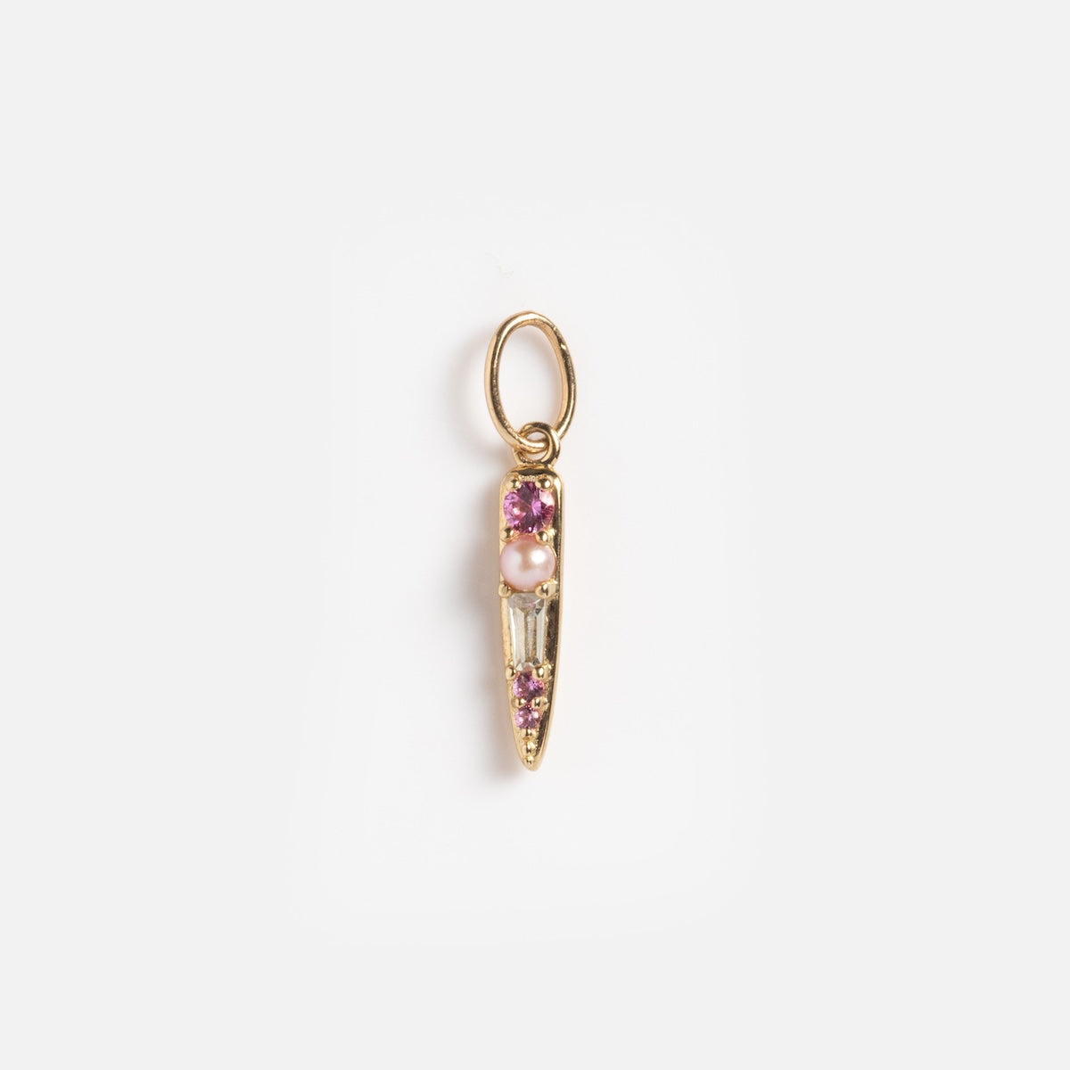 A solid gold bar drop charm featuring aquamarine and sapphire stones, with a slender spike design and a circular loop at the top for easy attachment to jewelry.