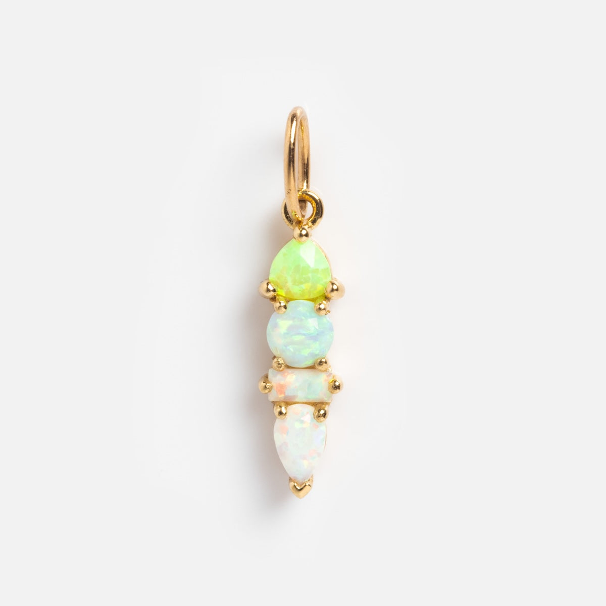 The Solid Gold Modern Ombre Birthstone Charm features three vertically stacked, uniquely shaped green and iridescent opals set in solid gold prongs—a stunning piece shown on a plain white background.