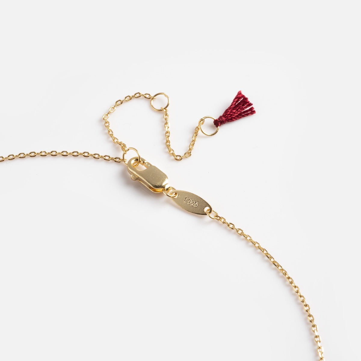 The Madison Evil Eye Necklace features a delicate gold vermeil chain with a lobster clasp, a 925-engraved oval tag, and an adjustable extender with a tiny red tassel, all displayed on a white background.