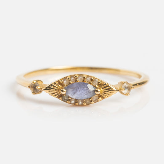 The Solid Gold Iolite Evil Eye Ring features a marquise-shaped iolite center, accented by gold beads, leaf-like details, and two tiny round stones on each side of the band.