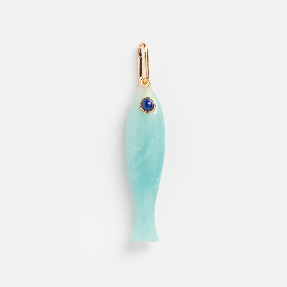 The Charms by Thatch mother of pearl pendant features a light blue fish with a gold loop and a small blue stone eye, making it a unique addition to personalized necklaces. Set against a plain white background.