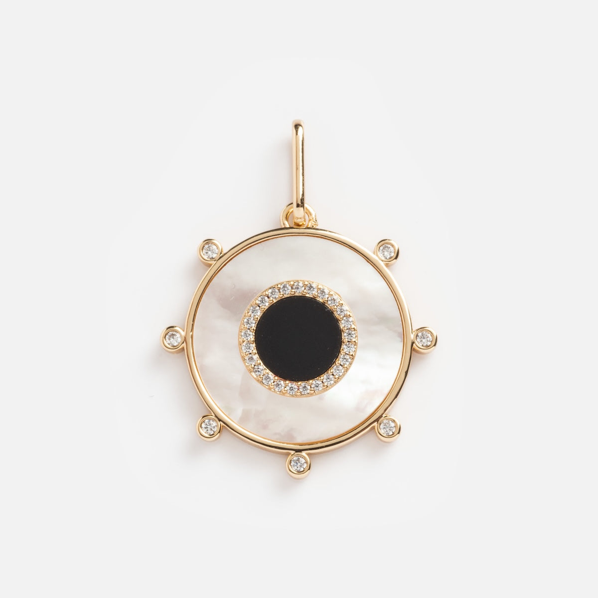 Charms by Thatch: A gold plated charm pendant with a central black circle, clear stones surrounding it on white mother of pearl, plus extra stones around the outer edge for added luxury.
