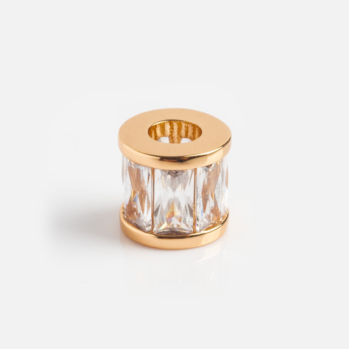 Charms by Thatch features a gold-plated charm with a hollow center and vertical rows of clear, faceted crystals on its sides, displayed on a plain white background—perfect for adding sparkle to personalized necklace charms.