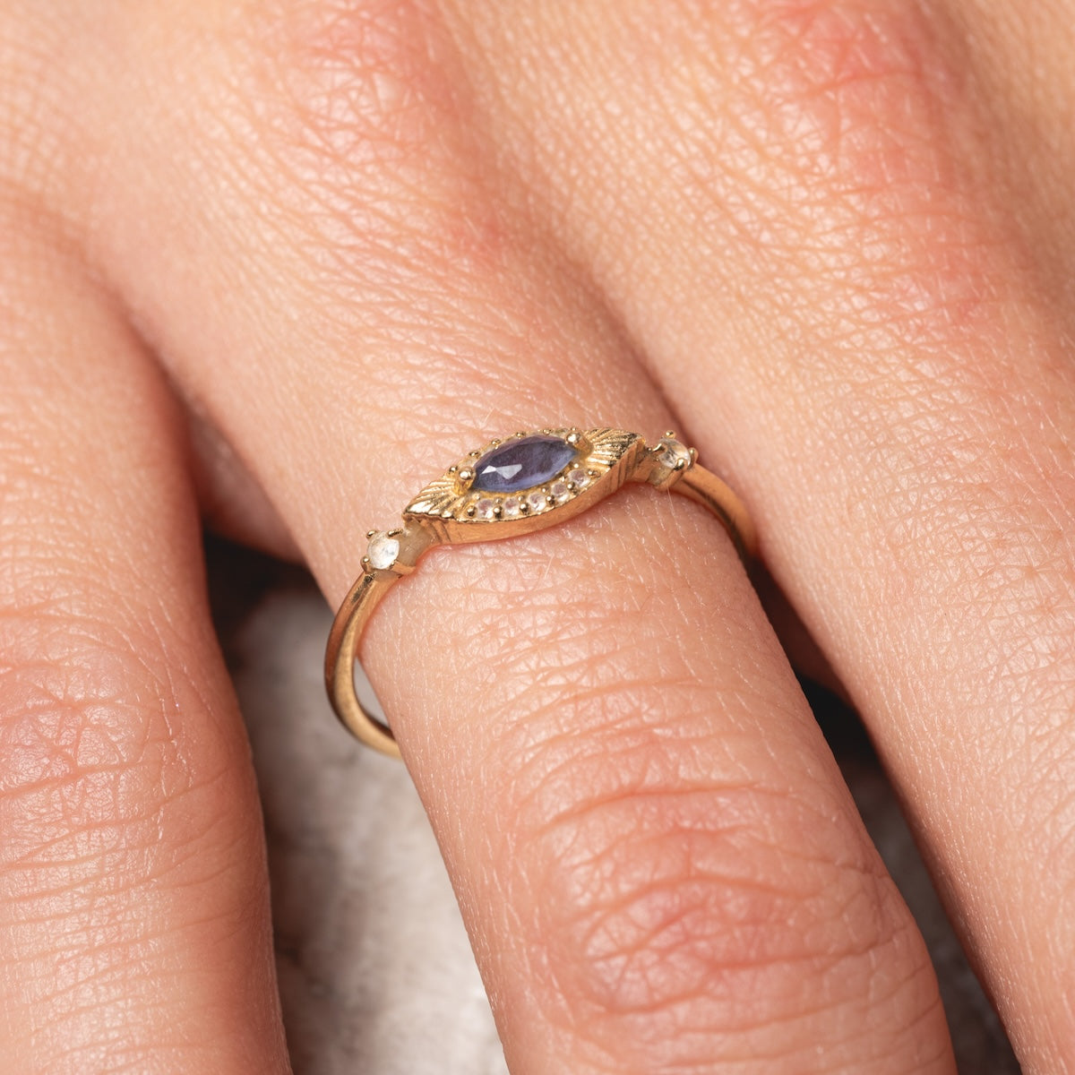Solid Gold Iolite Evil Eye Ring