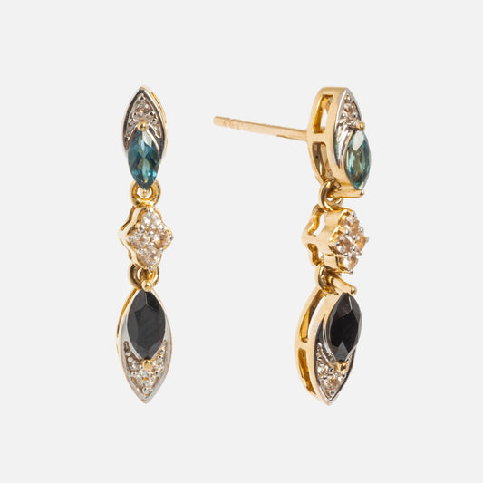 The 14k Vintage Inspired Statement Drop Earrings feature blue, black, and clear marquise-shaped gemstones with small clear accents, displayed from front and side views on a white background.