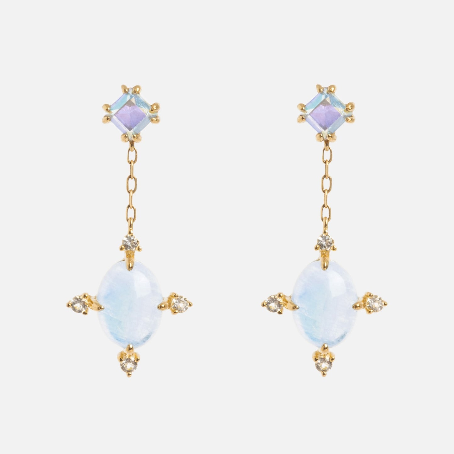 Solid Gold Crystal Ball Moonstone Drop Earrings