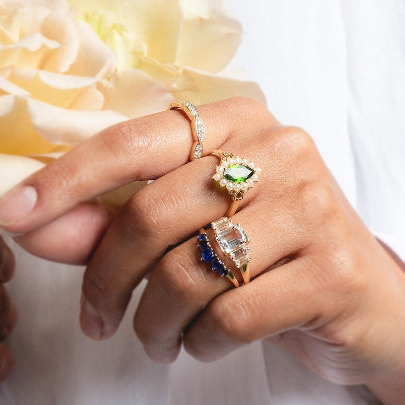 14k Opulent Green Diopside and Pearl Marquise Ring