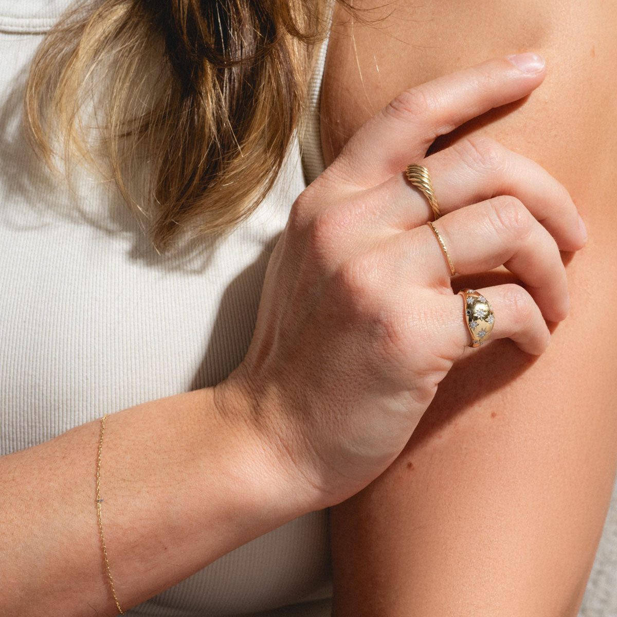 Solid Gold Star Crossed Dome Pinky Ring