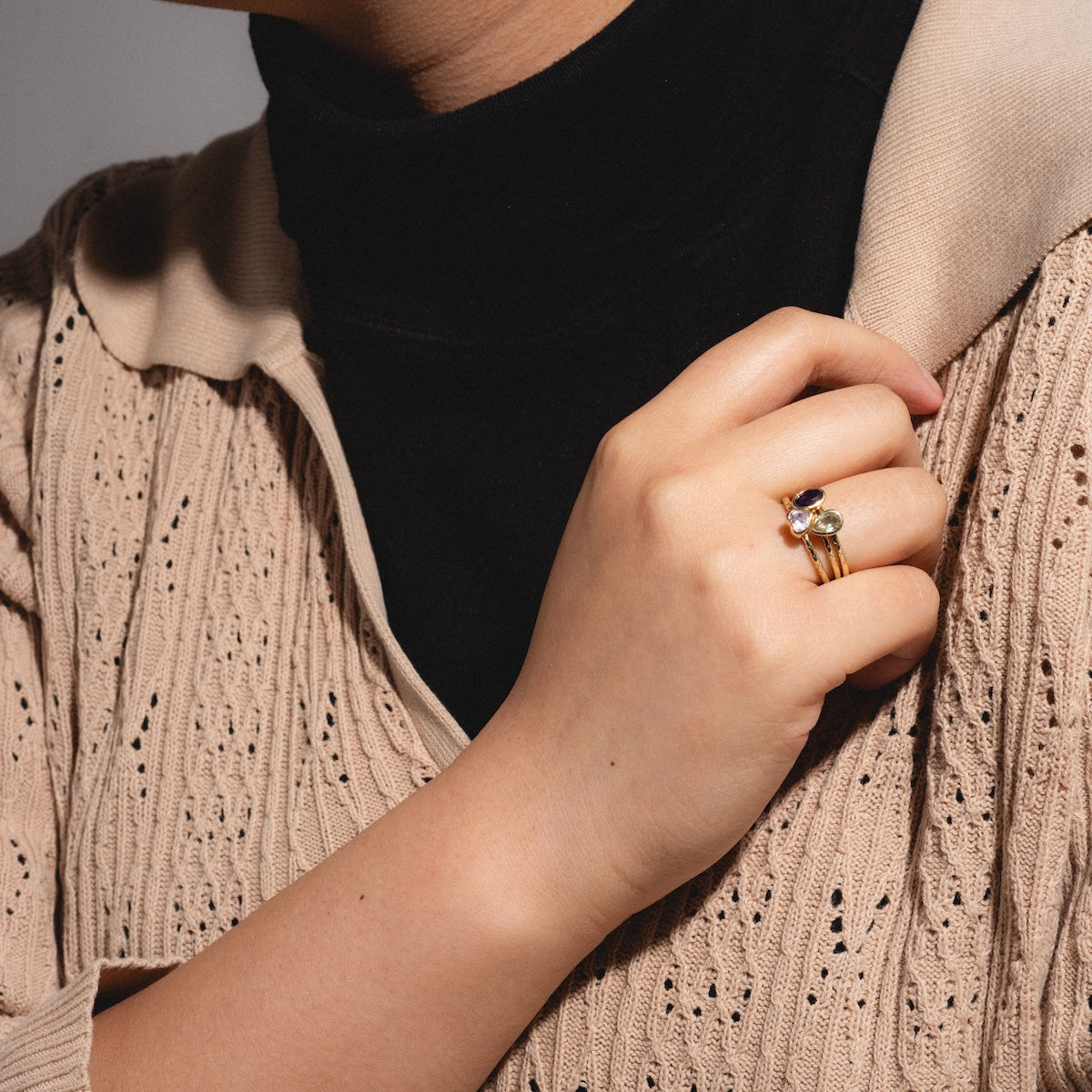 Solid Gold Amethyst Trio Ring Set