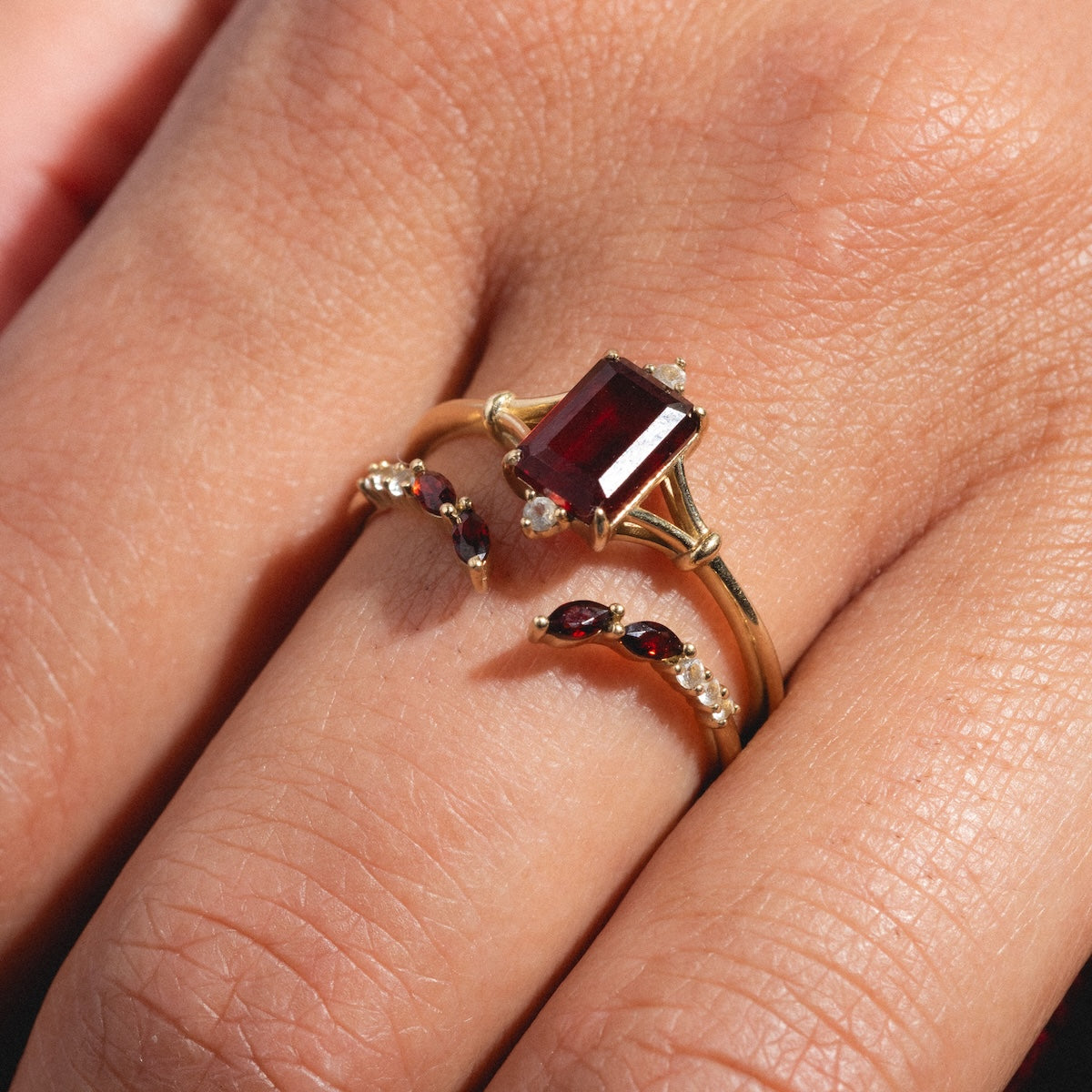 Solid Gold 2025 January Capsule Garnet Ring Set with Free Gift
