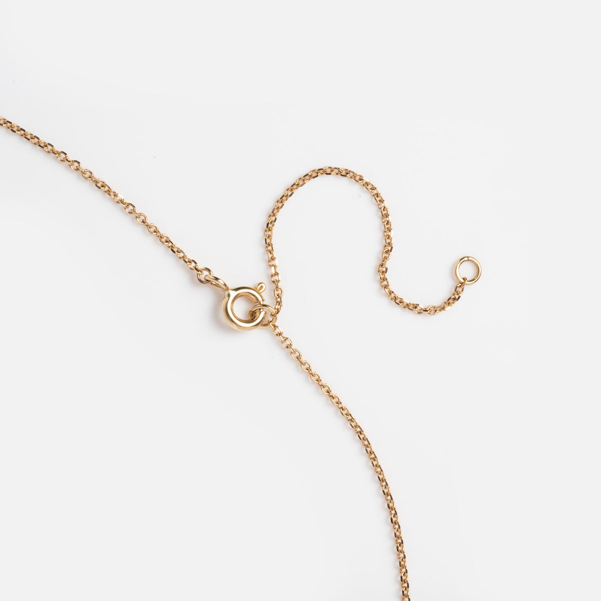 The Solid Gold Horizon Moonstone and Opal Sprinkle Necklace features a delicate gold chain with a circular spring ring clasp and an open ring at the end, displayed on a white background.