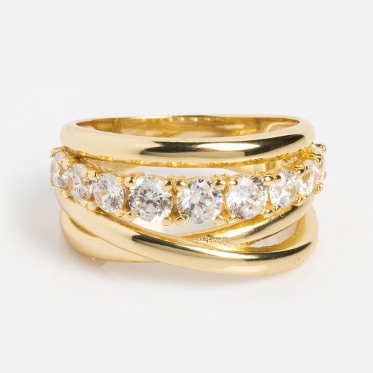 The Oh She Fancy Stacked Ring is crafted in 18k yellow gold with a crisscross pave band and a row of round, clear gemstones across the center for added brilliance.