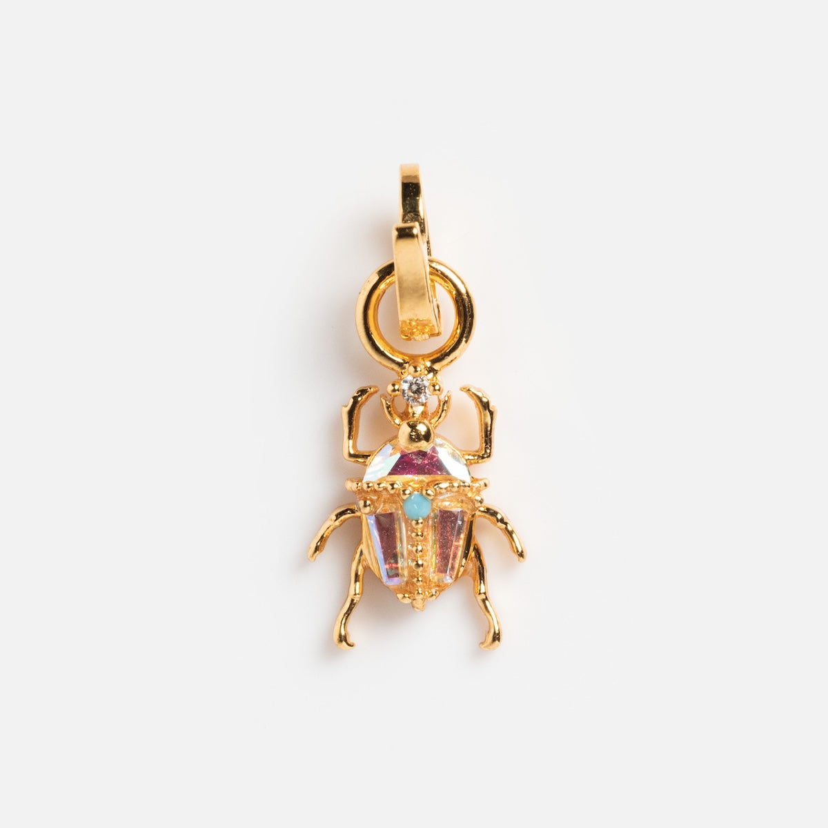The Charms by Girls Crew Beetlejuice Charm features an 18k yellow gold beetle-shaped pendant with detailed legs and an iridescent gemstone body, displayed against a plain white background.