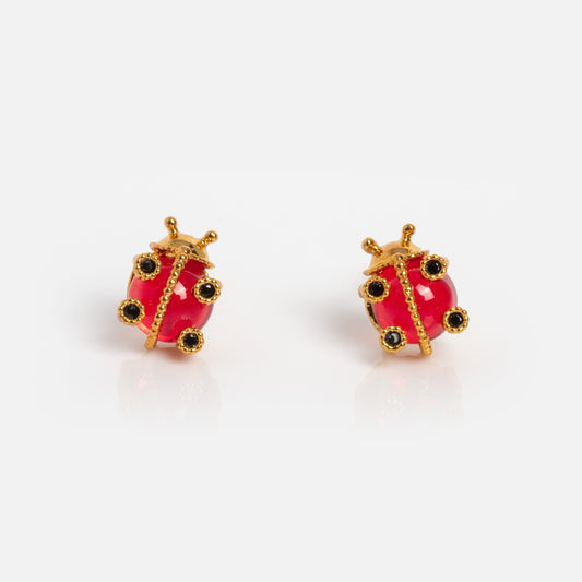 Ladybug Studs: gold plated earrings featuring red ladybugs with black spots, perfect for Girls Crew, shown on a white background.