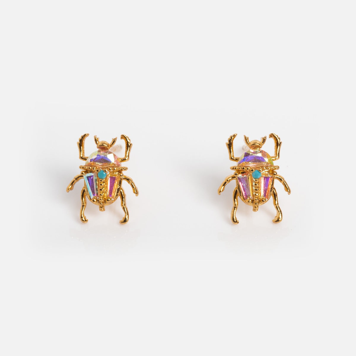 The Beetlejuice Studs are 18k gold plated earrings with beetle-shaped designs and iridescent CZ stones that shimmer with multicolored gemstone bodies.
