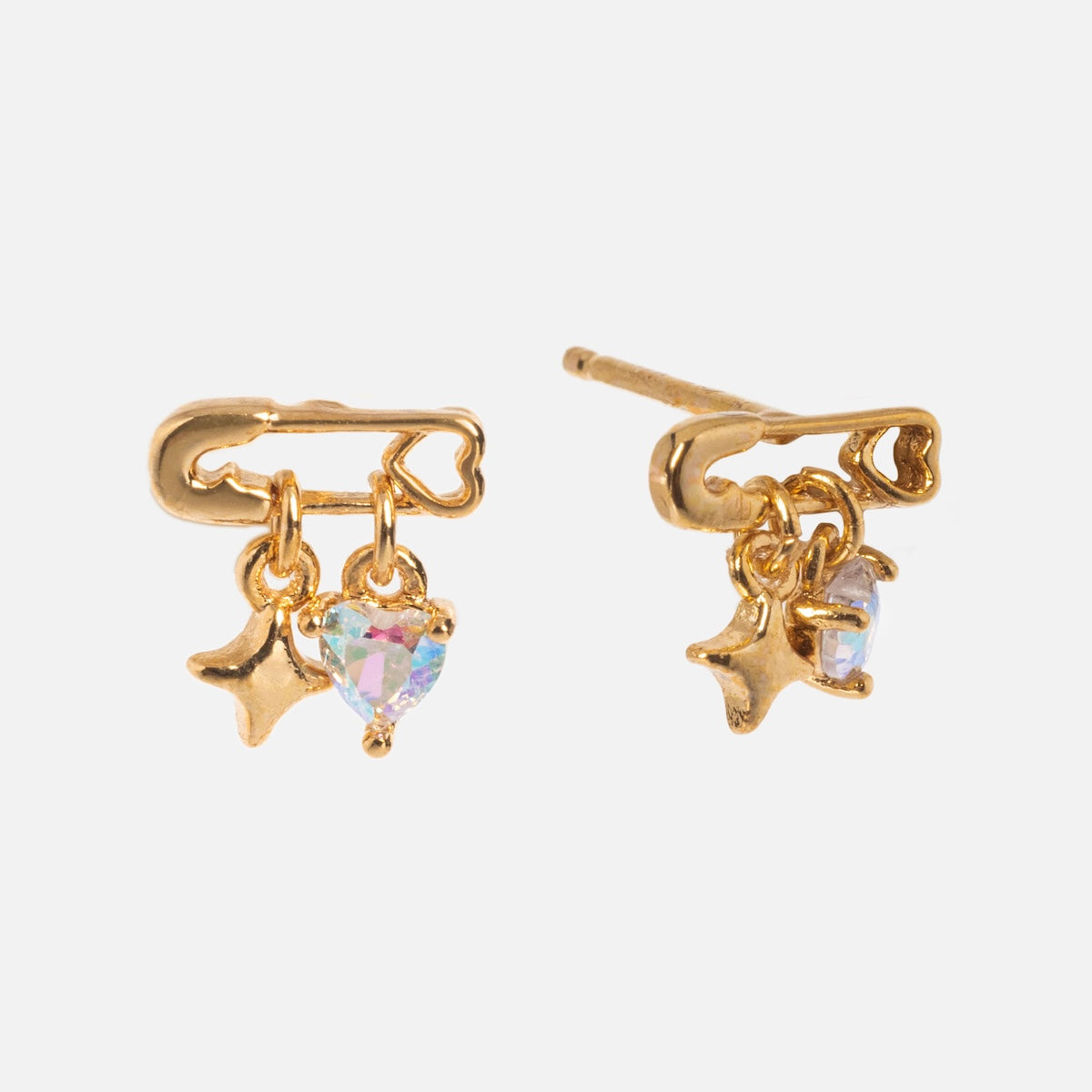 The Pillow Talk Dangle Earrings feature 18k gold plating, each with a dangling crystal heart charm and a small gold star charm on a heart-shaped safety pin design.