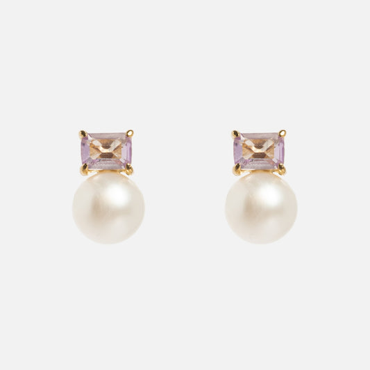 The Solid Gold 2025 June Capsule Alexandrite and Pearl Statement Set features square-cut lavender alexandrite above round white pearls, shown on a plain white background, and includes a free gift.