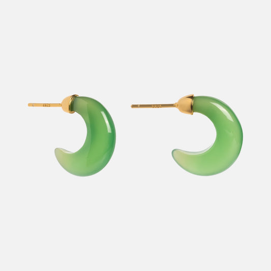 Half Moon Green Chalcedony Earrings featuring crescent-shaped stones with 18k gold plated posts and backs, shown against a plain white background.