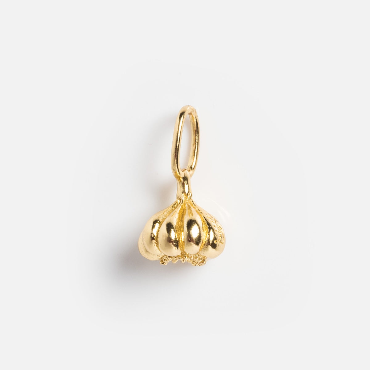 A polished gold brass garlic bulb charm from Charms by Satomi Studio, featuring a top loop for attaching to necklaces or bracelets, shown on a plain white background.
