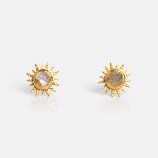 A pair of Labradorite Sunburst Stud Earrings inspired by Satya Jewelry.