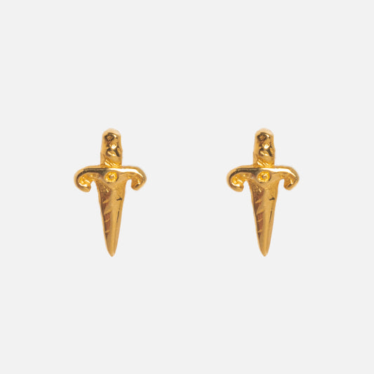 The Mini Dagger Stud Earrings by Hunt of Hounds, crafted in gold vermeil with textured handles and pointed blades, are shown on a plain white background.