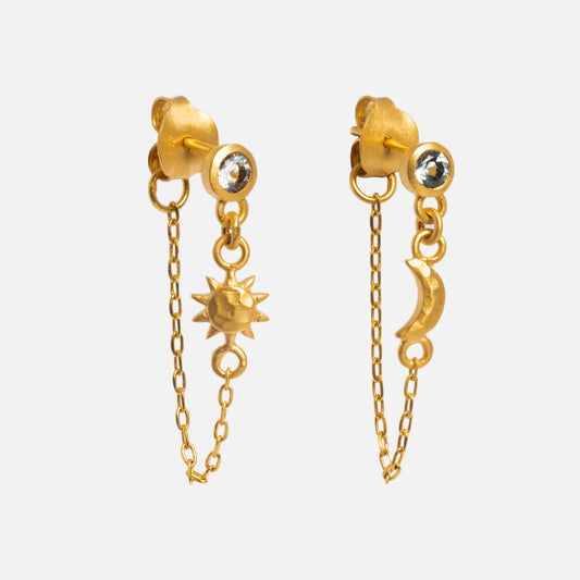 Add a unique, cosmic touch with the Moon Star Blue Topaz Chain Earring—gold plated with clear gemstones, featuring a sun charm on one earring and a crescent moon on the other, both accented by elegant dangling chains.