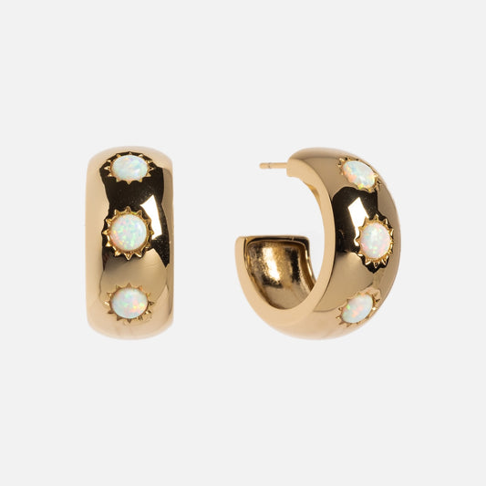 A pair of Chunky Stone Hoops, 14k gold plated earrings with three round iridescent opal stones in starburst settings, shown on a plain white background.
