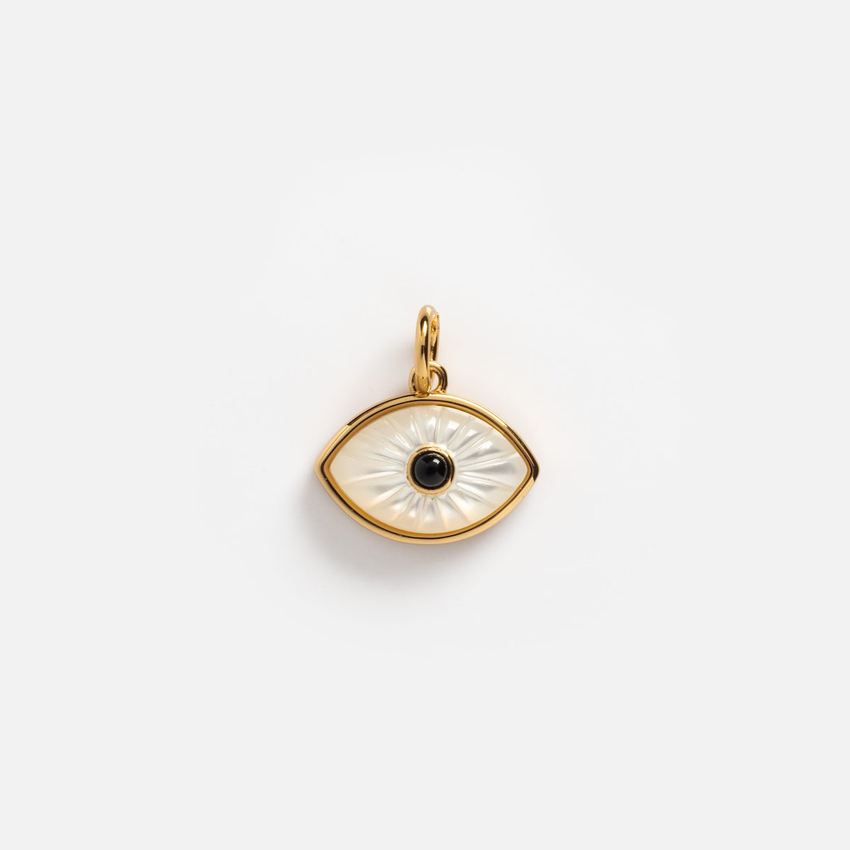 The Charms by Elizabeth Stone pendant features a gold-bordered eye shape with a luminous mother of pearl center and a black stone, crafted in 14k gold plated metal, shown against a plain white background.