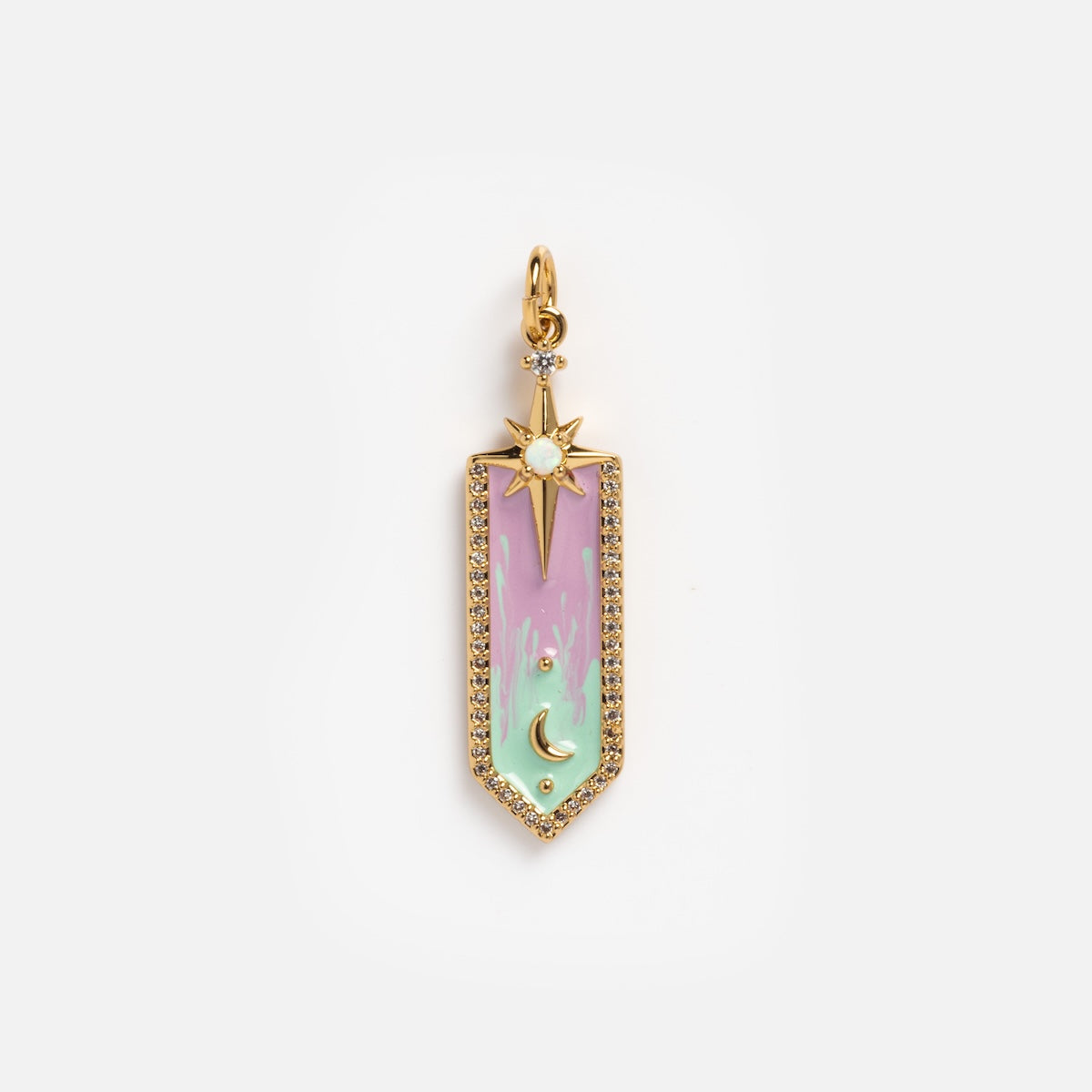 Charms by Elizabeth Stone: A rectangular pendant with pastel pink and green enamel, celestial accents, sparkling border, and a large gold star with a center gem. Finished in elegant 14k gold plating.