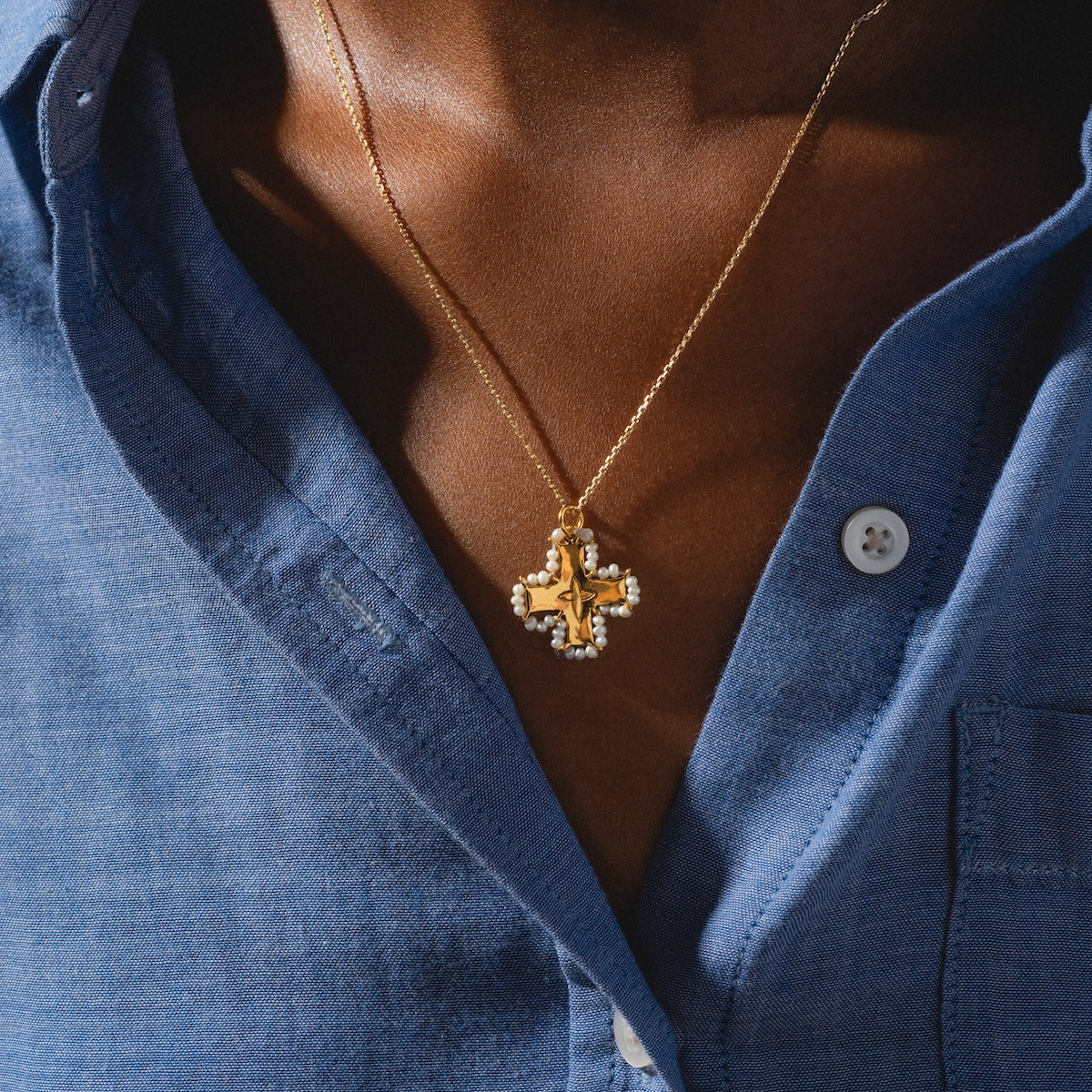 Close up of Karana Necklace being worn