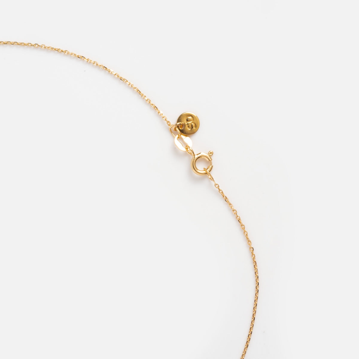 The Anika Chain Necklace features a delicate gold chain with a small round clasp and a circular tag engraved with 925, displayed on a plain white background.