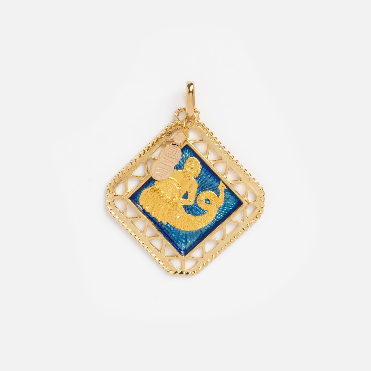 The Vintage 18k UnoAerre Italy Openwork Aquarius Charm features a textured design on a blue background, set in a square yellow gold frame with a loop and two small gold charms—a stunning vintage piece.