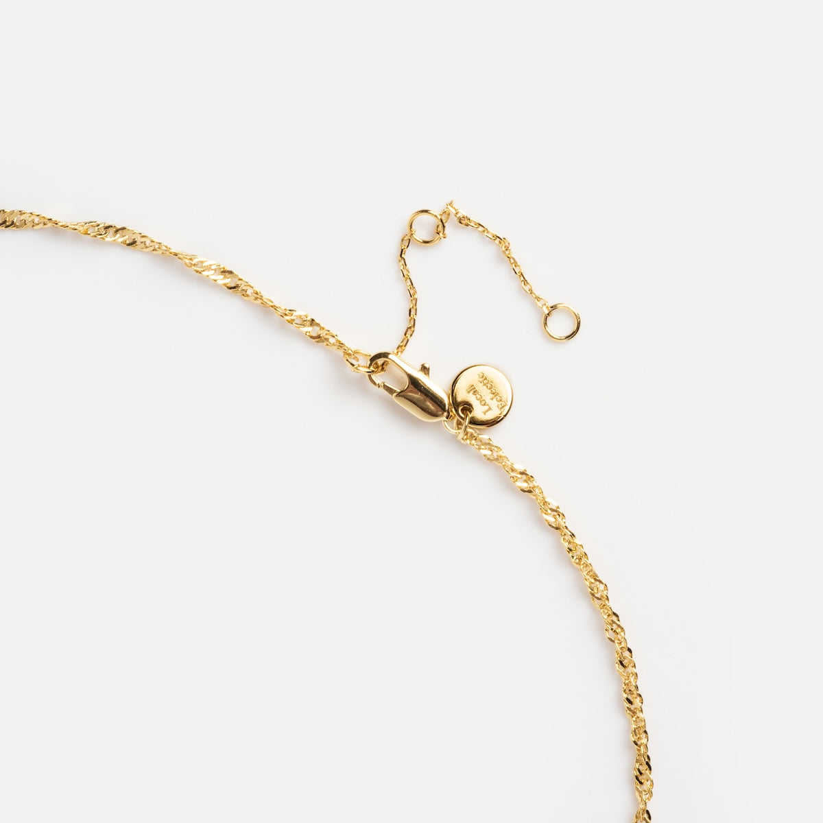 Close-up of the Twisted Rope Chain necklace, gold plated and layered, featuring a lobster clasp, adjustable extension chain, and a small round tag. Displayed on a plain white background.