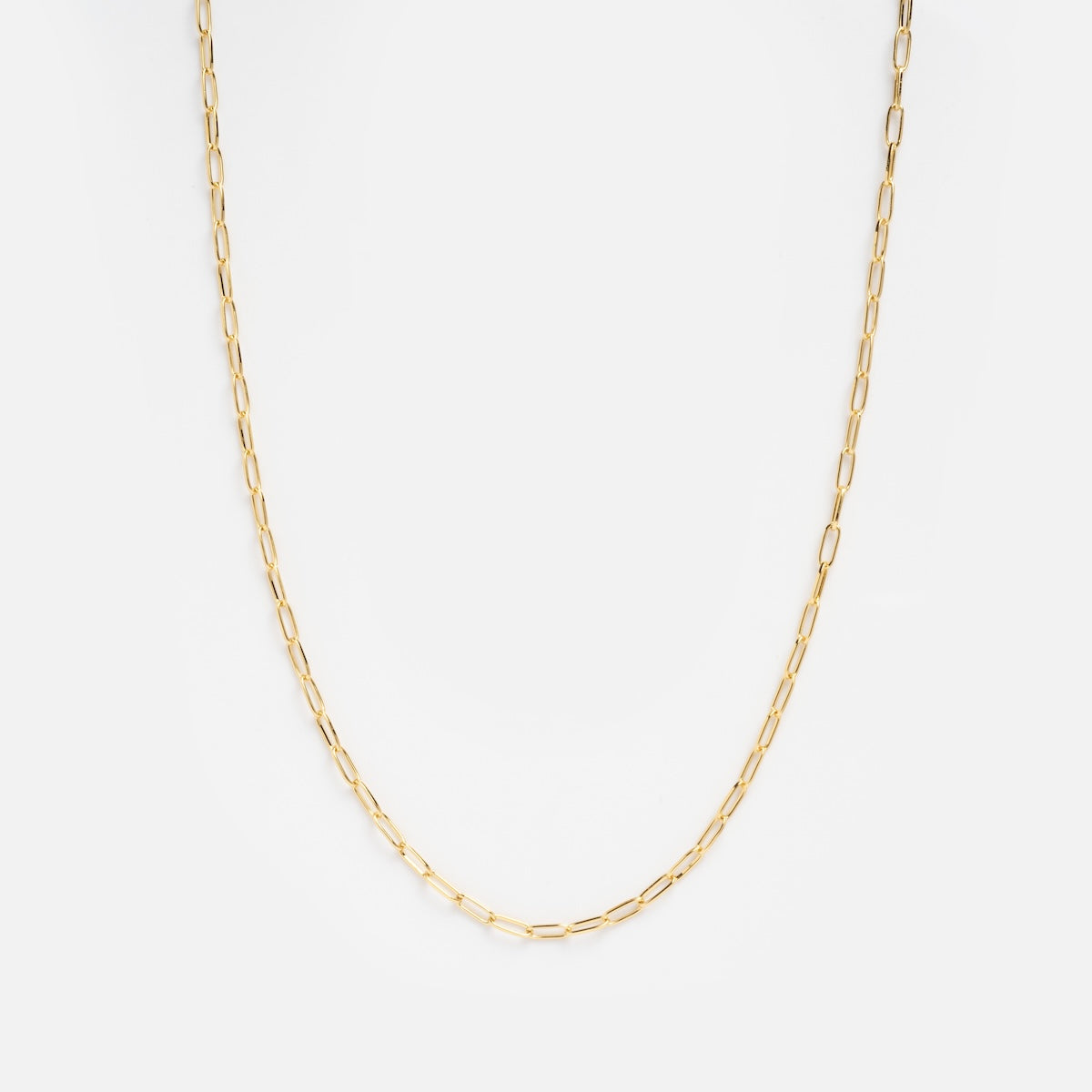 The Delicate Paperclip Chain is a 14k gold plated necklace featuring small, elongated oval links, shown on a plain white background.