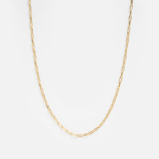 The Delicate Paperclip Chain is a 14k gold plated necklace featuring small, elongated oval links, shown on a plain white background.